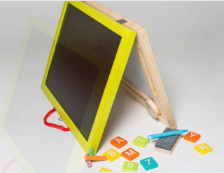 This case has a lot of great features. It comes with a white board, magnetic letters, a chalkboard and a whiteboard.